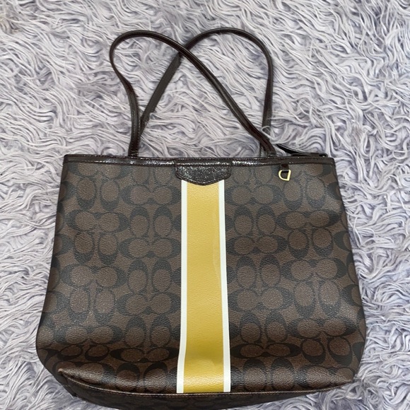Coach F32857 Signature Metallic Stripe Medium Brown / Gold Pvc Tote - Picture 1 of 4
